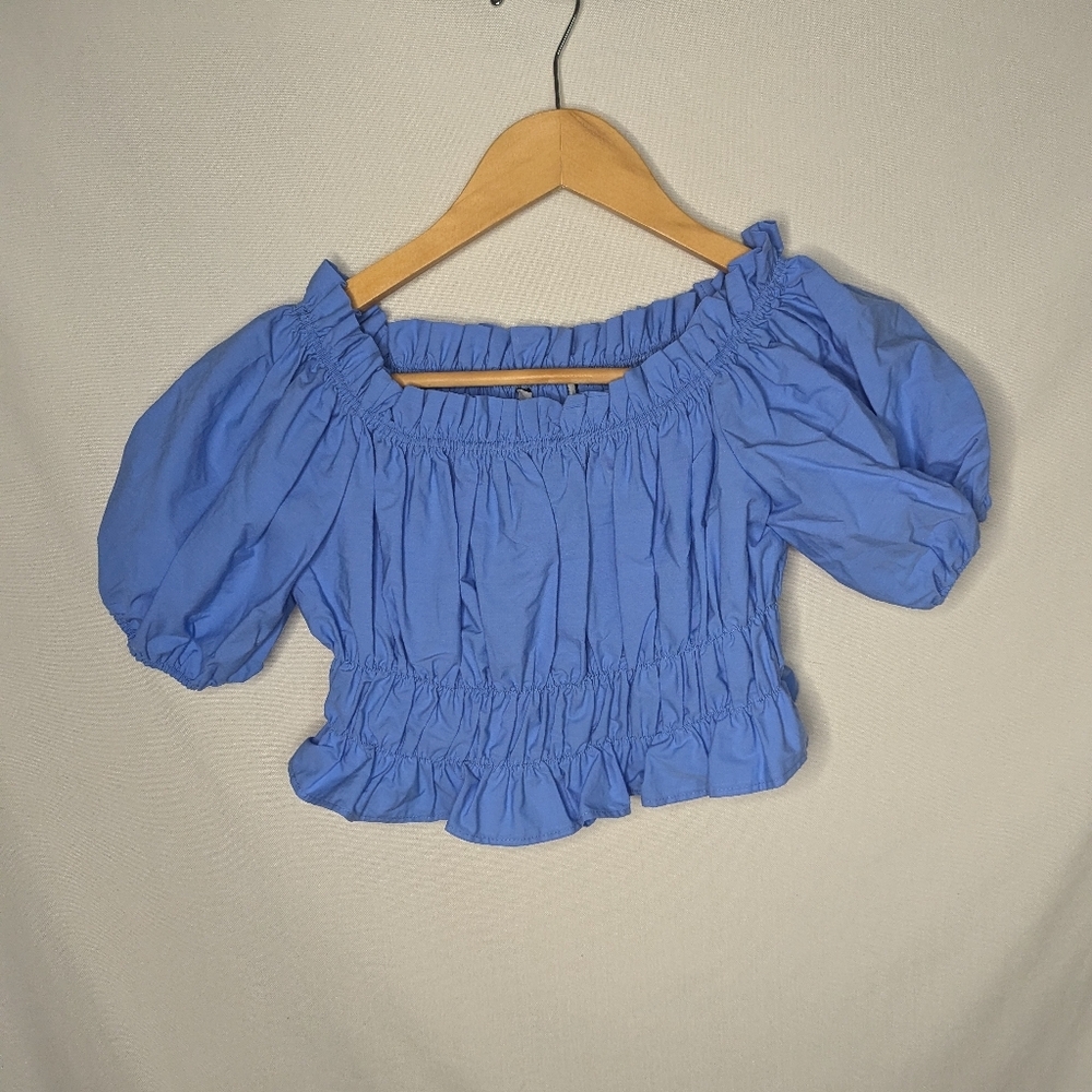 Zara women’s off‎ shoulder ruched puff sleeves cropped top Size XS